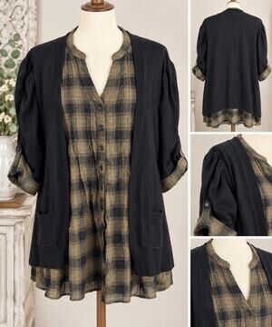 NorthStyle XL Black Plaid Layered Cardigan Tunic Alternative Grunge Boho